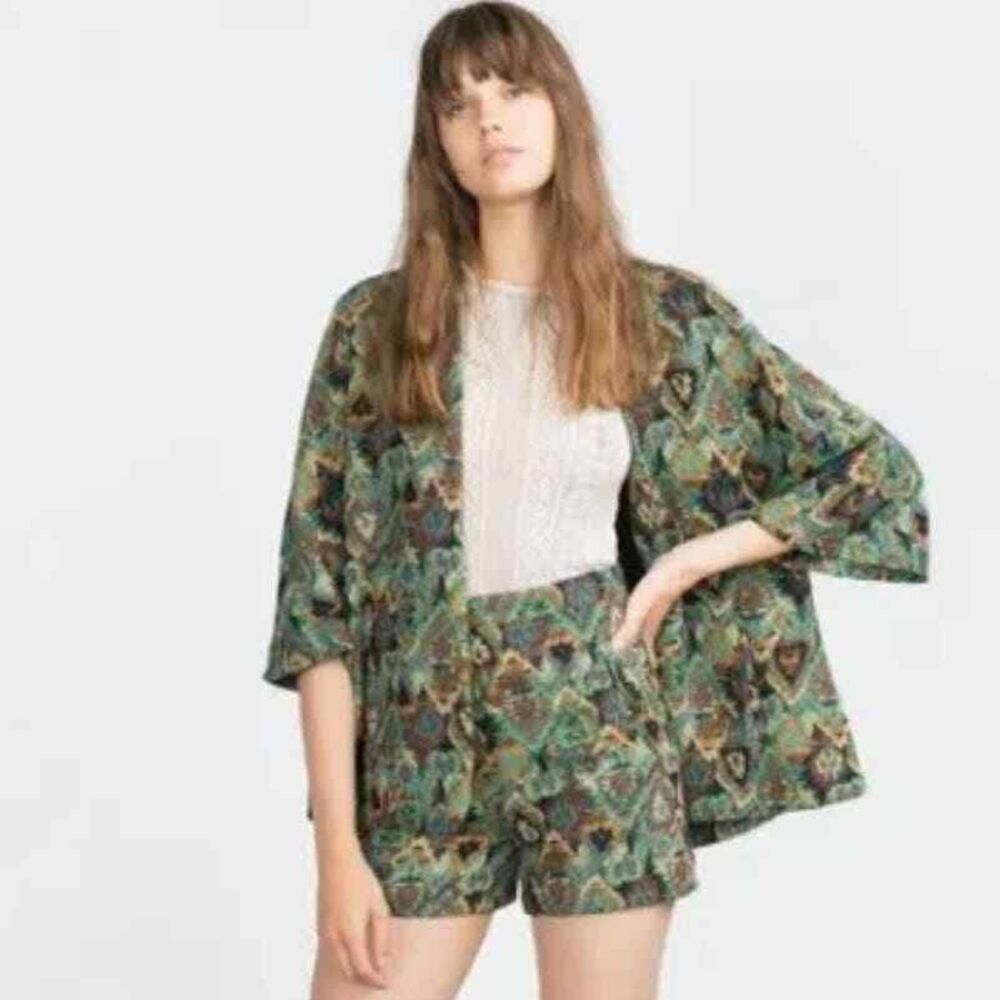 Zara Open Front Jacket Jacquard Green Multicoloredβ Size Large